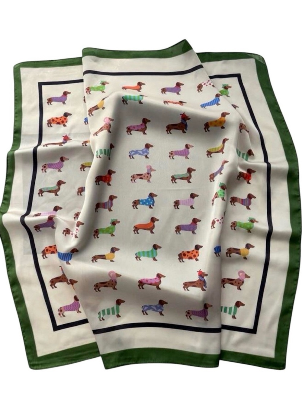 Piper Multicolor Dachshund Print Dog Scarf with Green Border, double sided